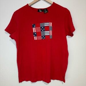 Vintage Ms. Lee Red Patriotic Patchwork Tee – Fits Like L/XL
